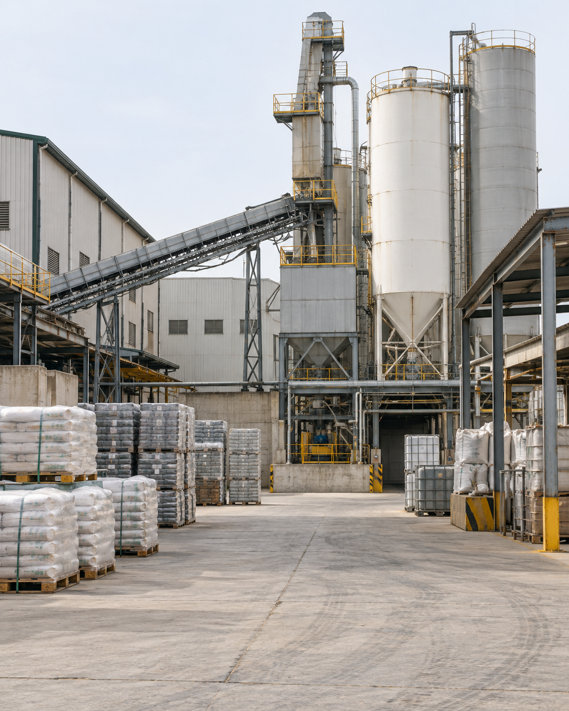 Manufacturing facility with industrial silos and production equipment