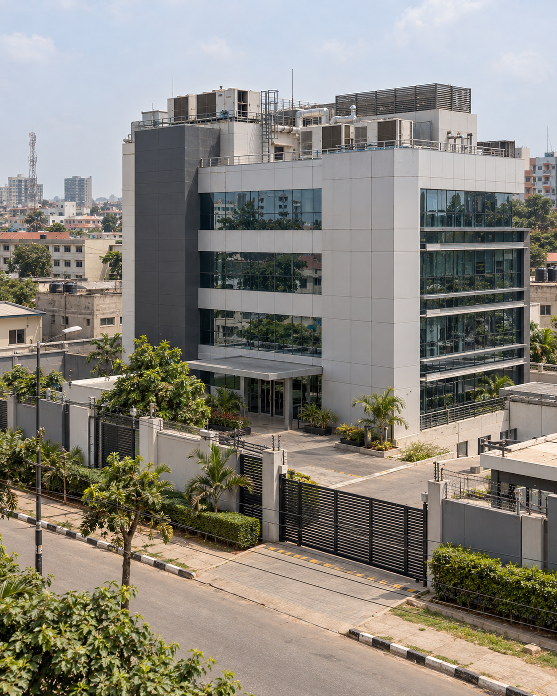 Commercial office building with rooftop mechanical equipment