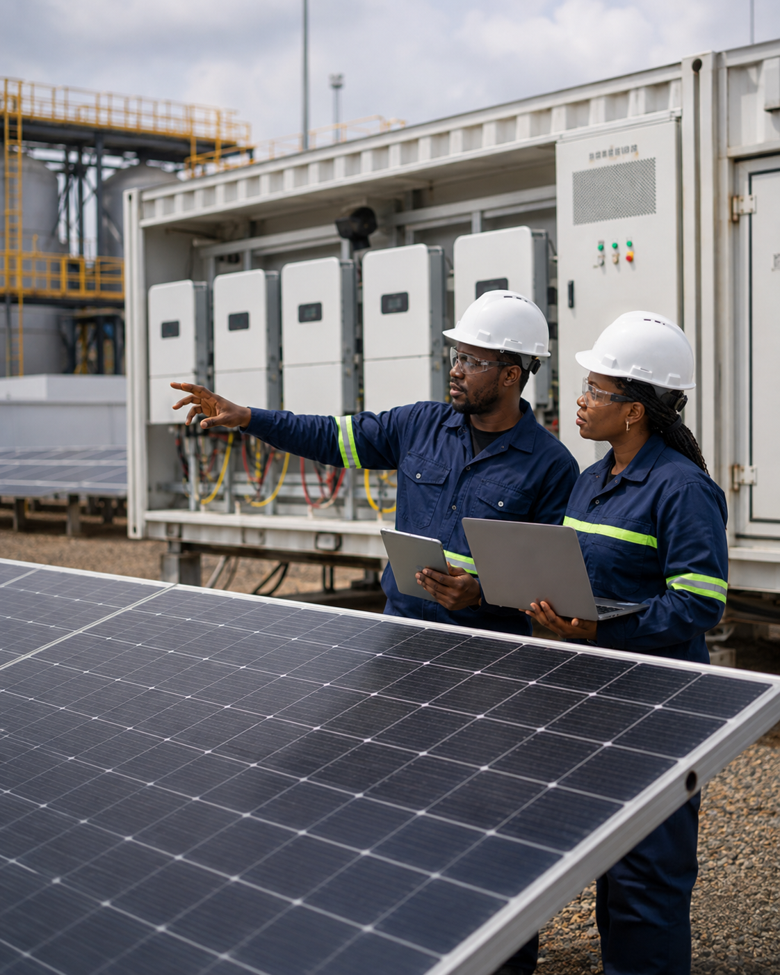 Renewable energy engineers reviewing an industrial installation